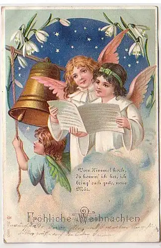 33755 Weihnachts Ak mit Glocke und 3 Engeln 1906