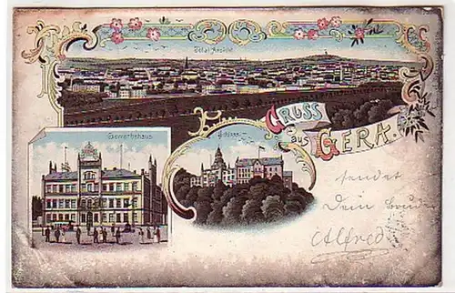 33749 Ak Lithographie Gruß aus Gera Gewerbehaus 1898