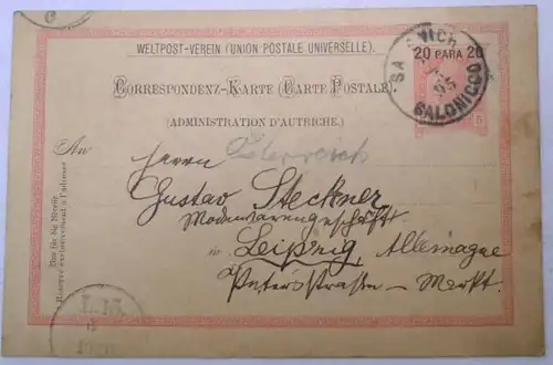 33065 alte Ganzsachen Postkarte K.u.K. 20 Para Thessaloniki nach Leipzig 1895