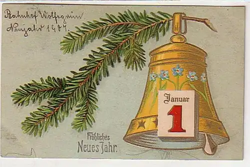 33064 Neujahrs Ak Glocke Tannenzweig Kalenderblatt 1907