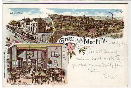 32718 Ak Lithografie Gruss aus Adorf i.V. Bahnhof 1899