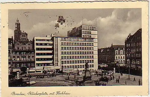 32639 Ak Breslau Blücherplatz mit Hochhaus 1935