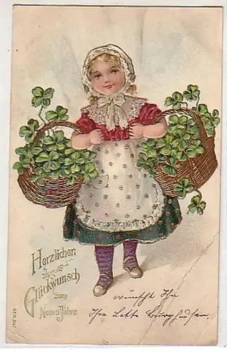 32534 Neujahrs Präge Ak Mädchen 2 Körbe mit Klee 1908