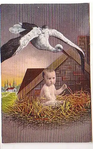 30109 Humor Ak Storch mit Baby im Nest um 1910