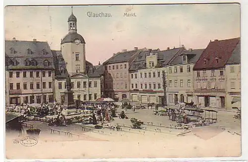 29878 Ak Glauchau Markt mit Geschäften 1907