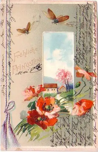 29720 Präge Pfingst Ak 2 Maikäfer mit Blumen 1907