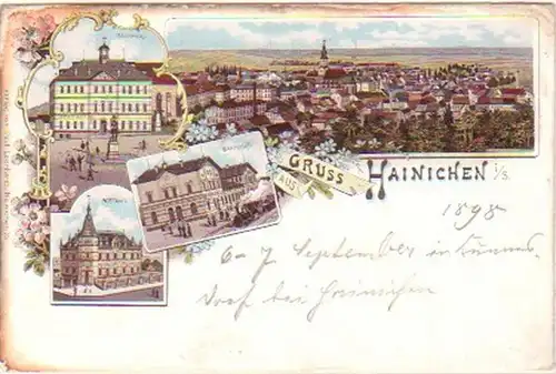 29639 Ak Lithographie Gruss aus Hainichen in Sa. um 1910