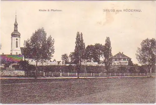 29181 Ak Gruss aus Röderau Kirche & Pfarrhaus 1918