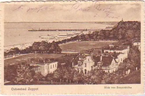 29130 Ak Ostseebad Zoppot Blick von Brauershöhe 1924