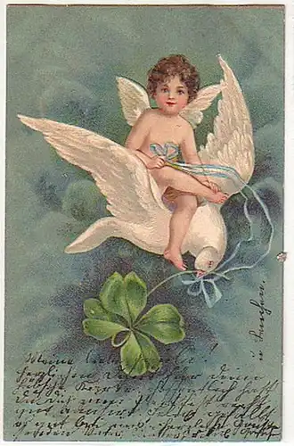 28486 Präge Ak Kind Engel fliegt auf Taube 1905