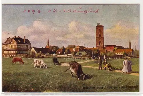 27998 Ak Borkum Dorf mit altem Leuchtturm 1897