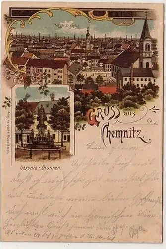 27905 Ak Lithographie Gruß aus Chemnitz Saxonia Brunnen 1902