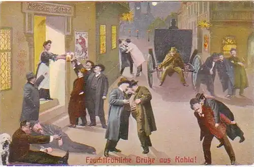 27419 Humor Ak Feuchtfröhliche Grüße aus Kahla 1908