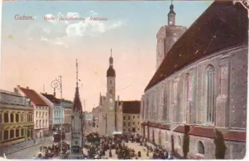 27237 Ak Guben Markt, Hauptkirche, Rathaus um 1914