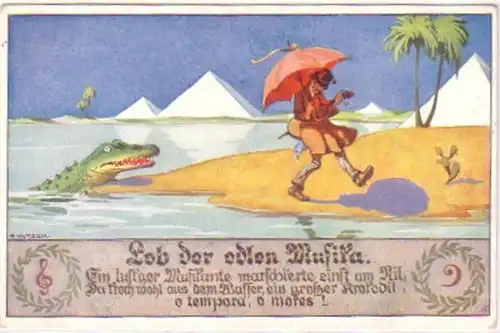 26407 Humor Ak "Lob der edlen Musika" Krokodil um 1915