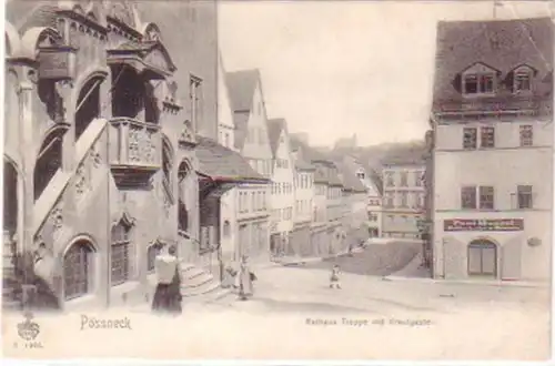 25785 Ak Pössneck Rathaus Treppe mit Krautgasse 1906
