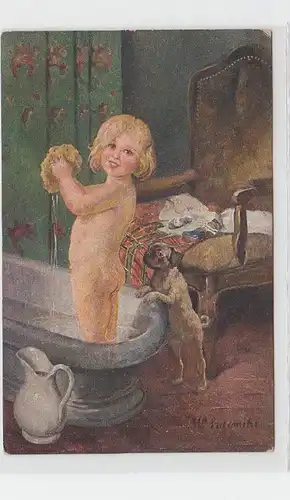 25627 Ak Kind und Hund mit Badewanne um 1910