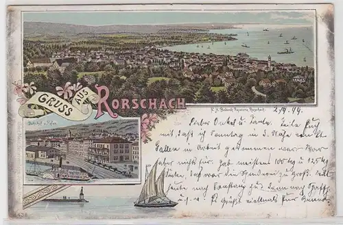 25124 Ak Lithographie Gruß aus Rorschach Bahnhof und Hafen 1899