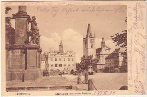 25112 Ak Leitmeritz Stadtkirche mit altem Rathaus 1914