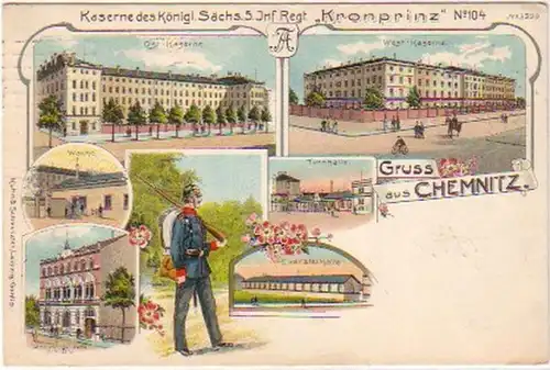 25040 Ak Lithografie Gruss aus Chemnitz Kaserne 1910