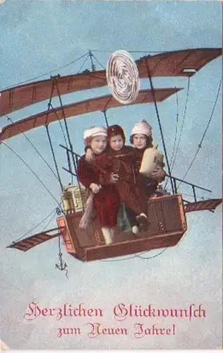 24659 Ak Neujahr Kinder mit Flugmaschine 1914