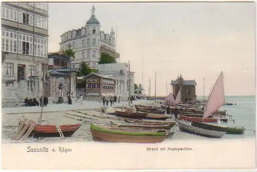 24526 Ak Sassnitz plage avec pavillon de musique vers 1900