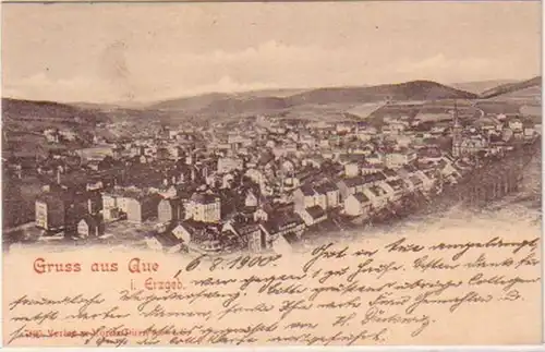 24345 Ak Gruss aus Aue im Erzgebirge Totalansicht 1900