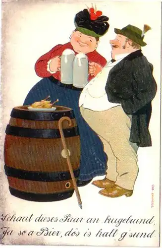 24276 Humour Ak Couples au baril de bière vers 1920