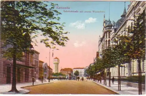 24121 Ak Kattowitz Bahnhofstraße und Wasserturm 1916