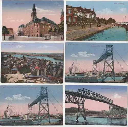 23917/6 Ak Kiel, Strandweg, Rathaus, Schwebefähre, Hochbrücke usw. 1916