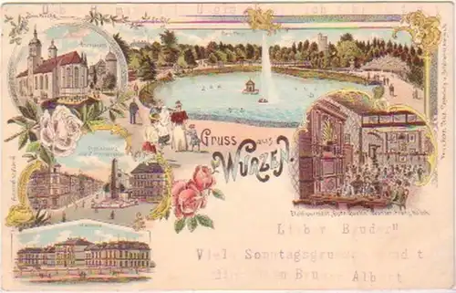 23865 Lithografie Gruss aus Wurzen Kaserne usw. 1899