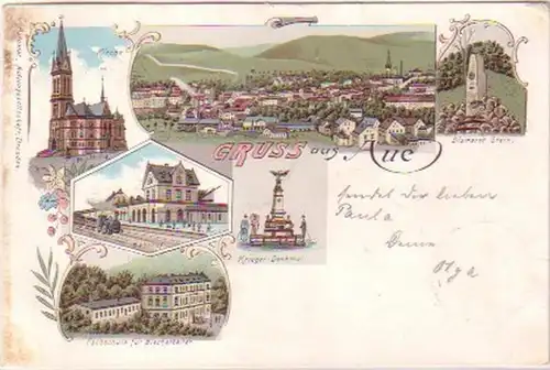 23312 Lithografie Gruss aus Aue Bahnhof usw. 1898