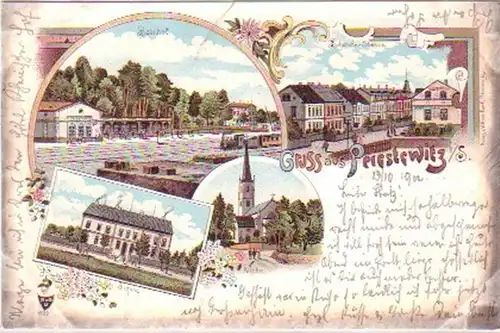 23303 Lithografie Gruss aus Priestewitz Bahnhof ua 1902