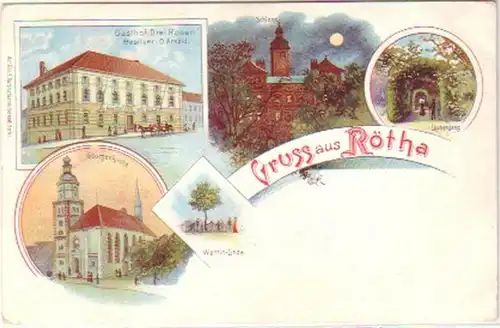 23226 Lithografie Gruss aus Rötha Gasthof usw. um 1900