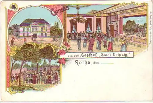 23212 Lithografie Gruss aus dem Gasthof Rötha um 1900