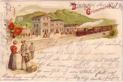 23207 Ak Lithographie Salutation de la gare de Grimmenthal 1899