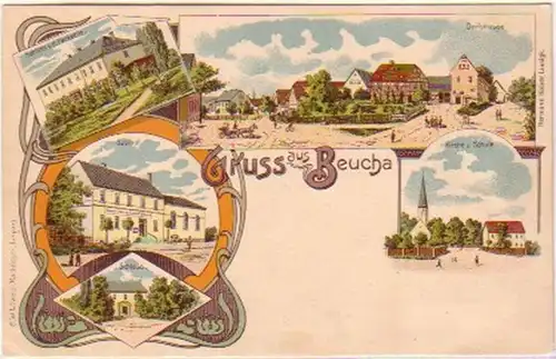 23204 Lithografie Gruss aus Beucha Dorfstr. usw um 1900