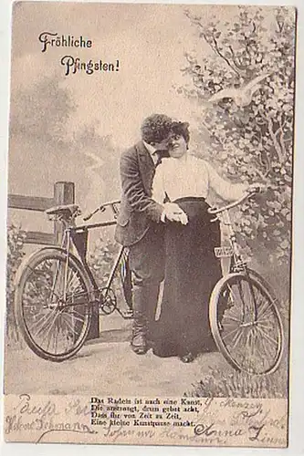 23179 Fröhliche Pfingsten Ak mit 2 Radfahrern 1910