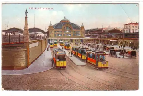 23170 Ak Halle an der Saale Bahnhof Straßenbahnen 1913
