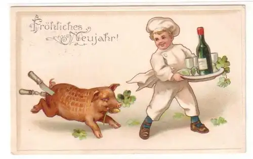 22049 Neujahrs Ak Koch und Spanferkel 1907