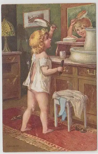 21741 Ak Enfant avec brosse devant miroir 1921