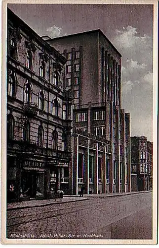 21570 Ak Königshütte Straßenansicht m. Hochhaus um 1930