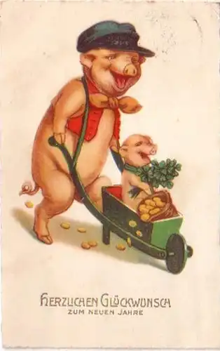21445 Ak Schwein schiebt Schubkarre mit Ferkel 1929