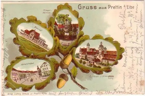 21248 Eichenblatt-Ak Gruss aus Prettin a. Elbe 1902