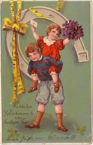 21209 Präge Ak 2 Kinder und großes Hufeisen 1910