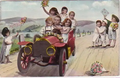21191 Kitch Ak jeunes enfants dans une vieille voiture 1914