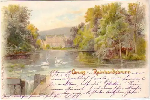 20782 Lithographie Gruss de Reinhardsbrunn étang 1898