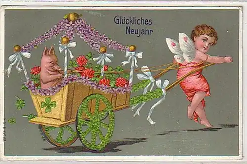 20744 Neujahr Ak Engel zieht Wagen mit Ferkel 1908