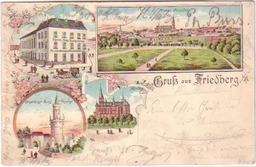 20627 Lithografie Gruß aus Friedberg Hotel usw. 1902