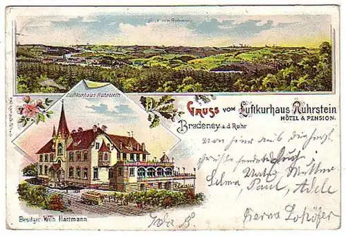 20623 Litho Gruss de l'hôtel Ruhrstein Bredeney 1900